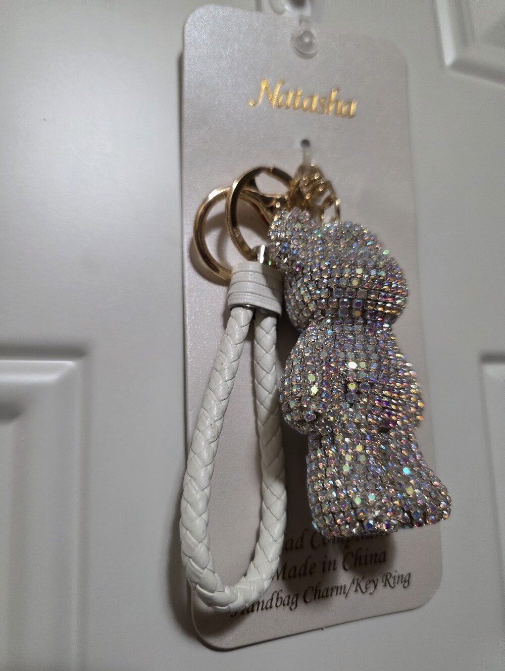 Viral Natasha Sparkling Rhinestones Bear Bag Charm/Key Ring with White Strap - Picture 4 of 6